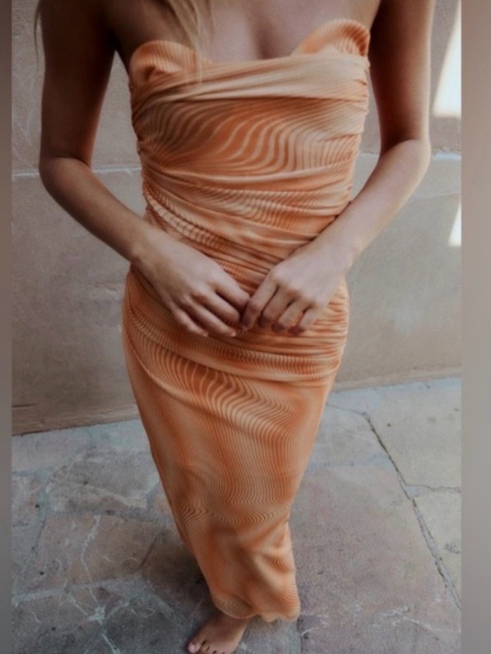 Zara Orange Strapless Mesh Tulle Maxi  Dress